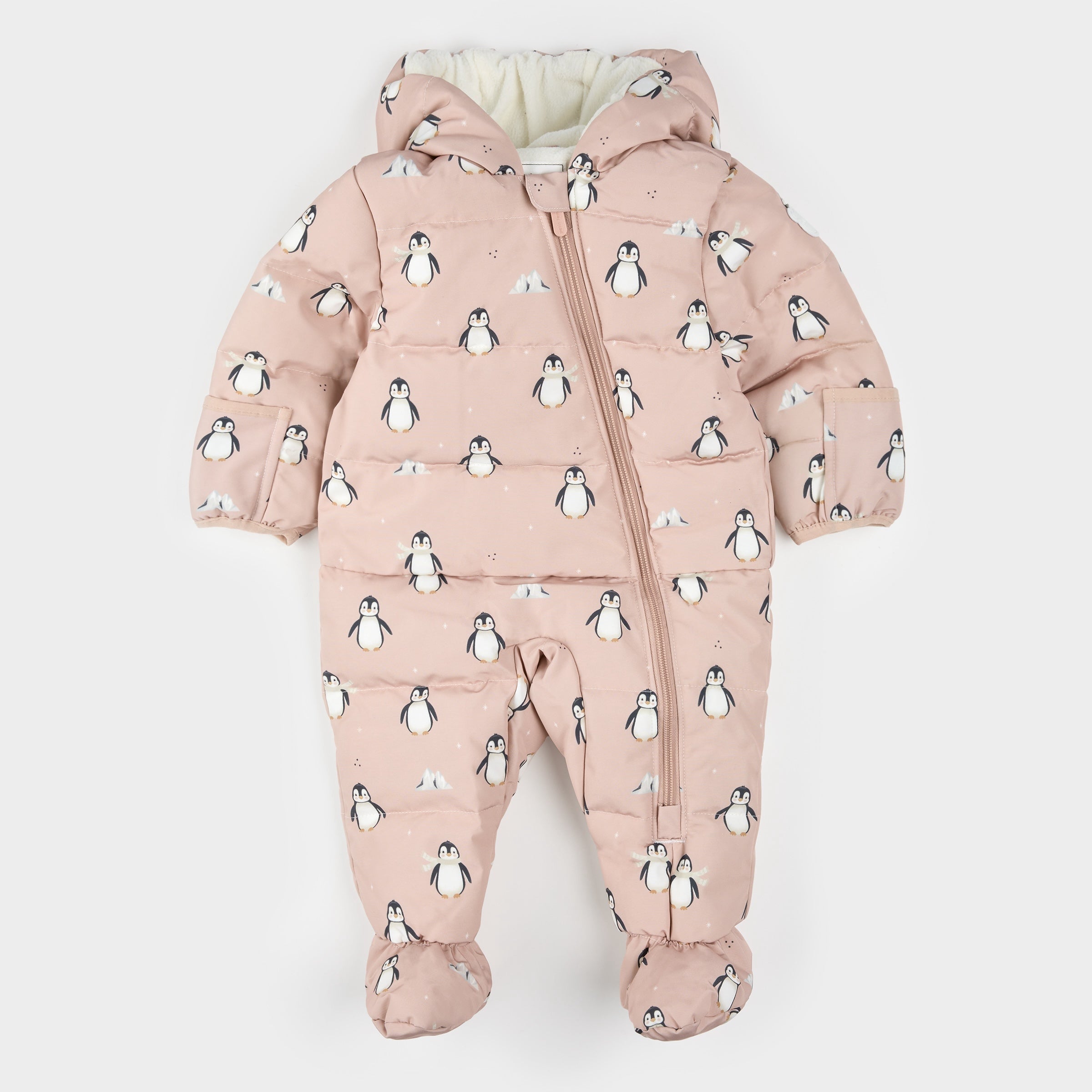 Penguins Print on Dusty Pink Hooded Baby Snowsuit –