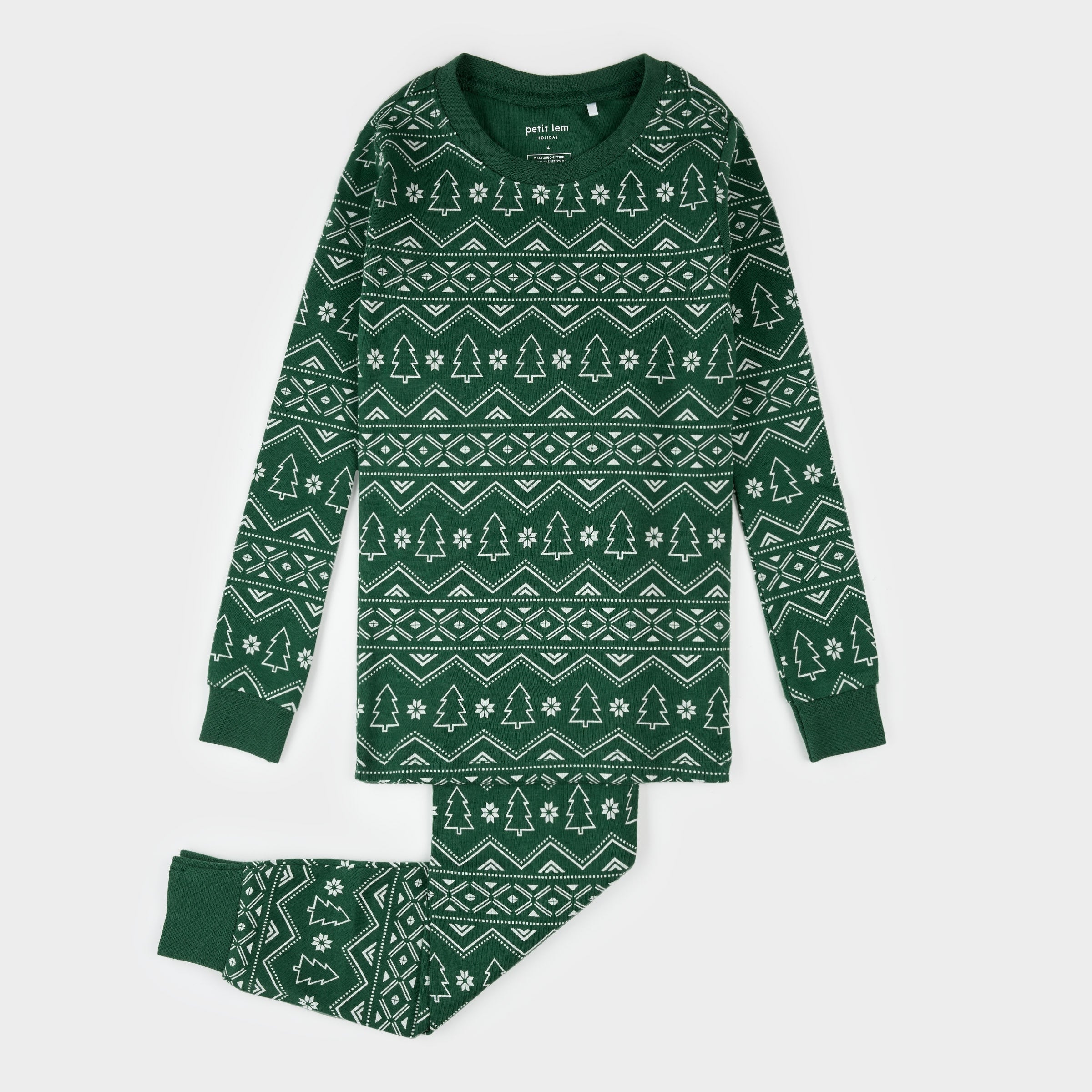 Fair Isle Holiday Trees Print on Dark Green PJ Set –